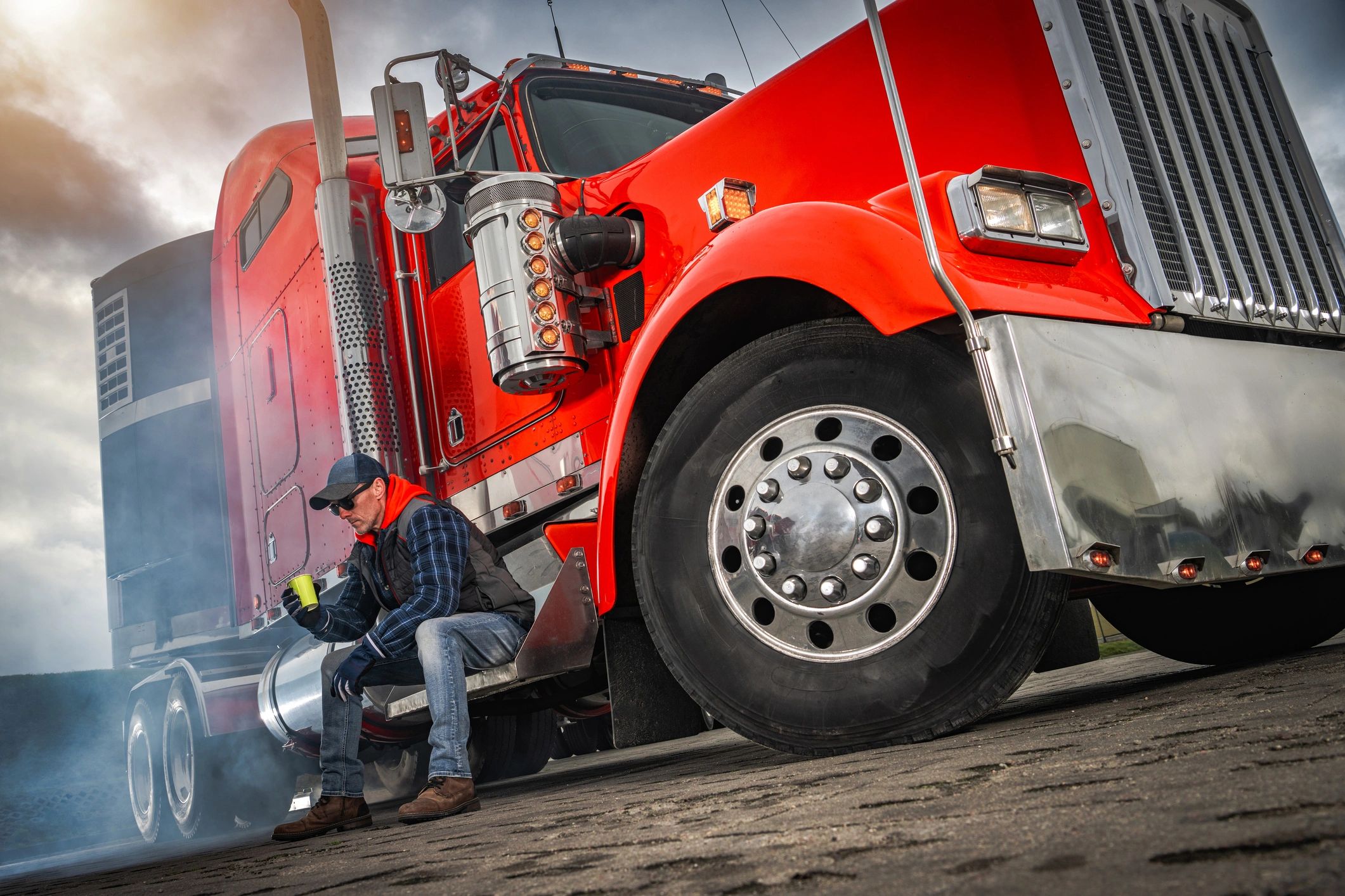 Emergency roadside truck repair with technician and vehicle